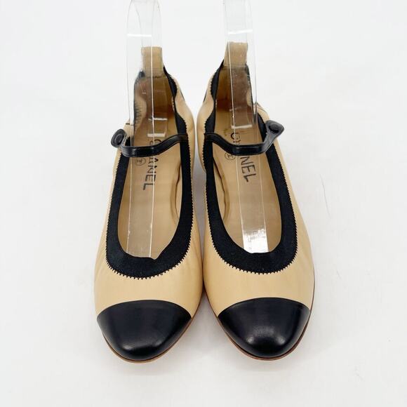 Chanel Retro y2k Beige & Black CC Cap Toe Leather Mary Jane Strap Heels EU 38.5 - Picture 6 of 12